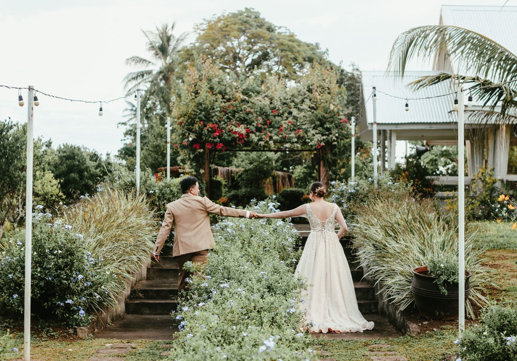 Married couple holding hands in a garden