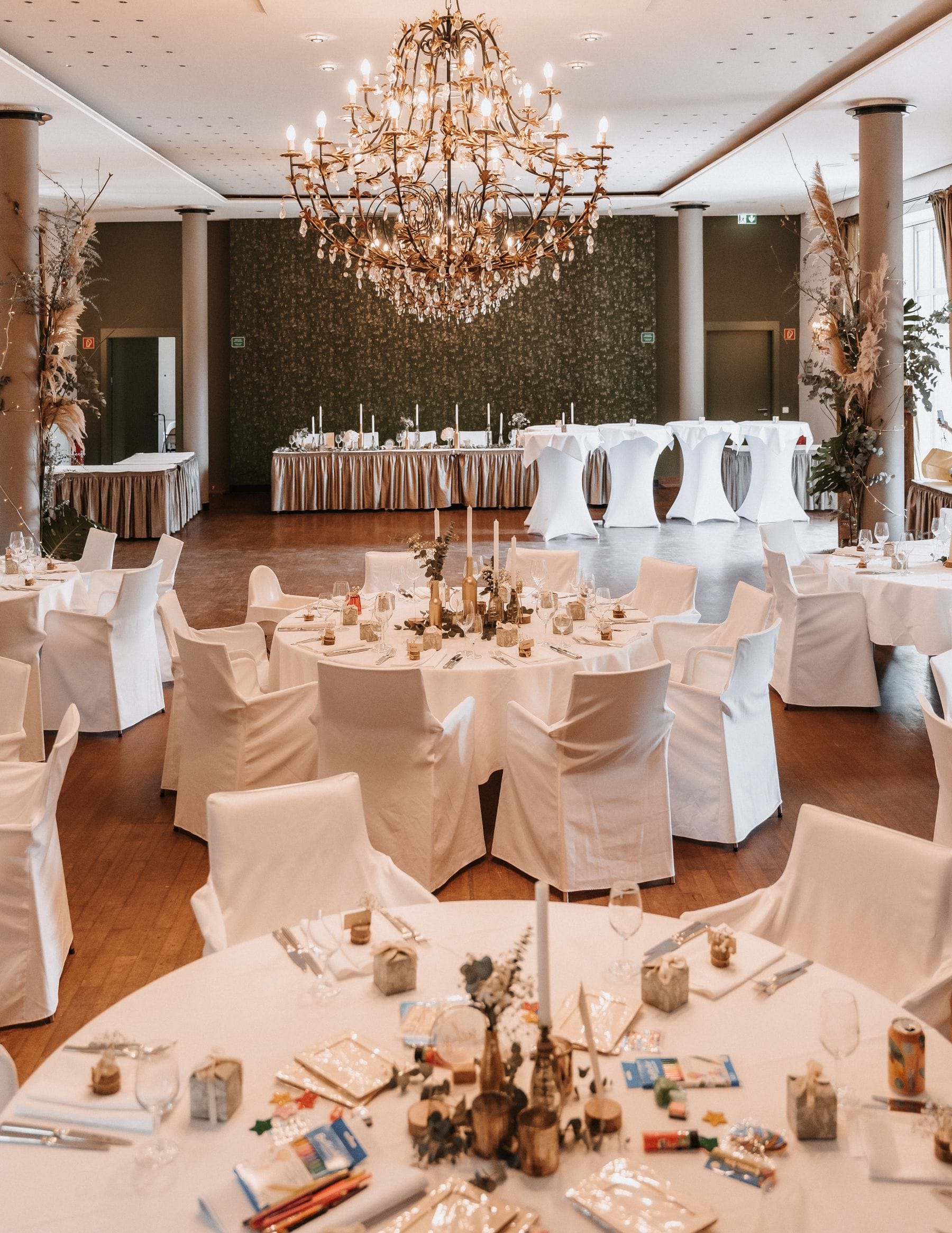 Elegant wedding banquet hall with chandeliers
