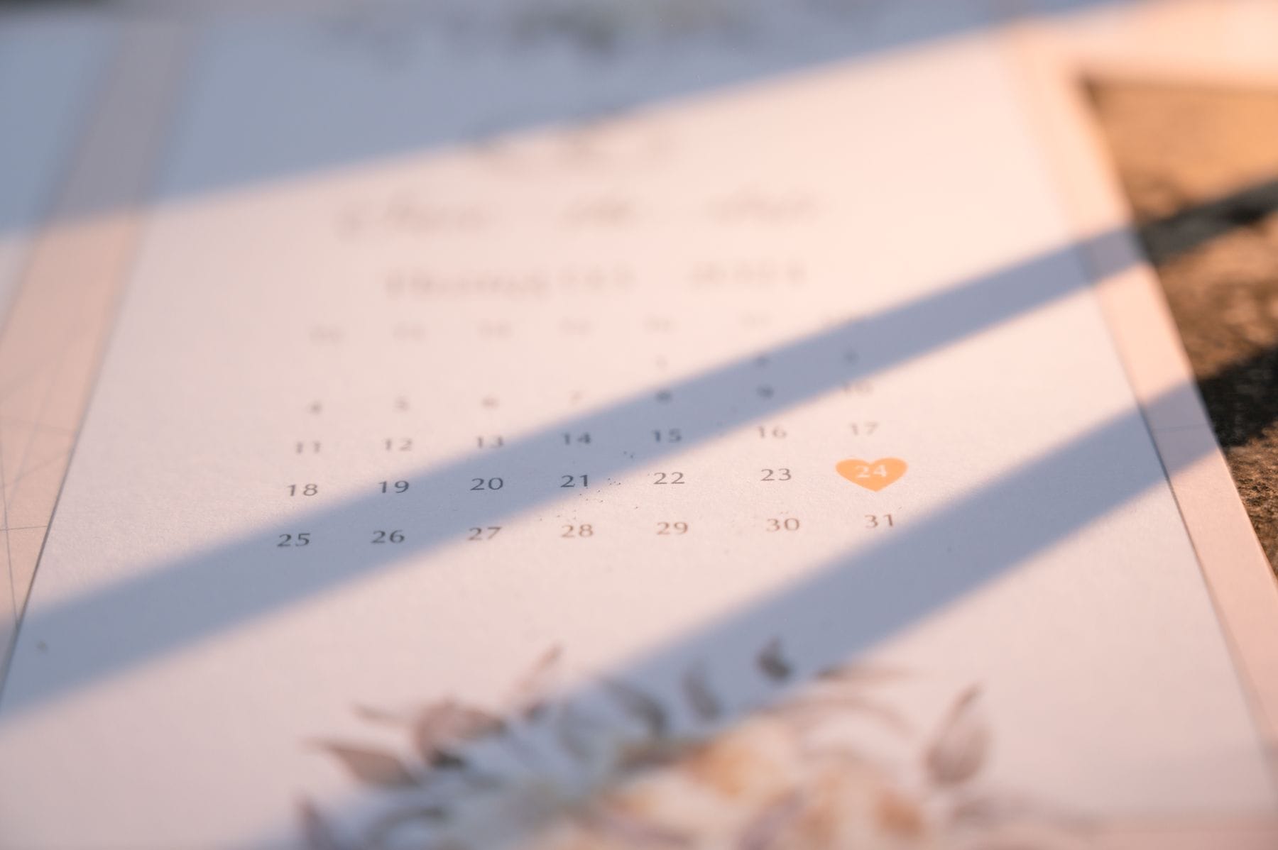 Close up of wedding date on elegant calendar